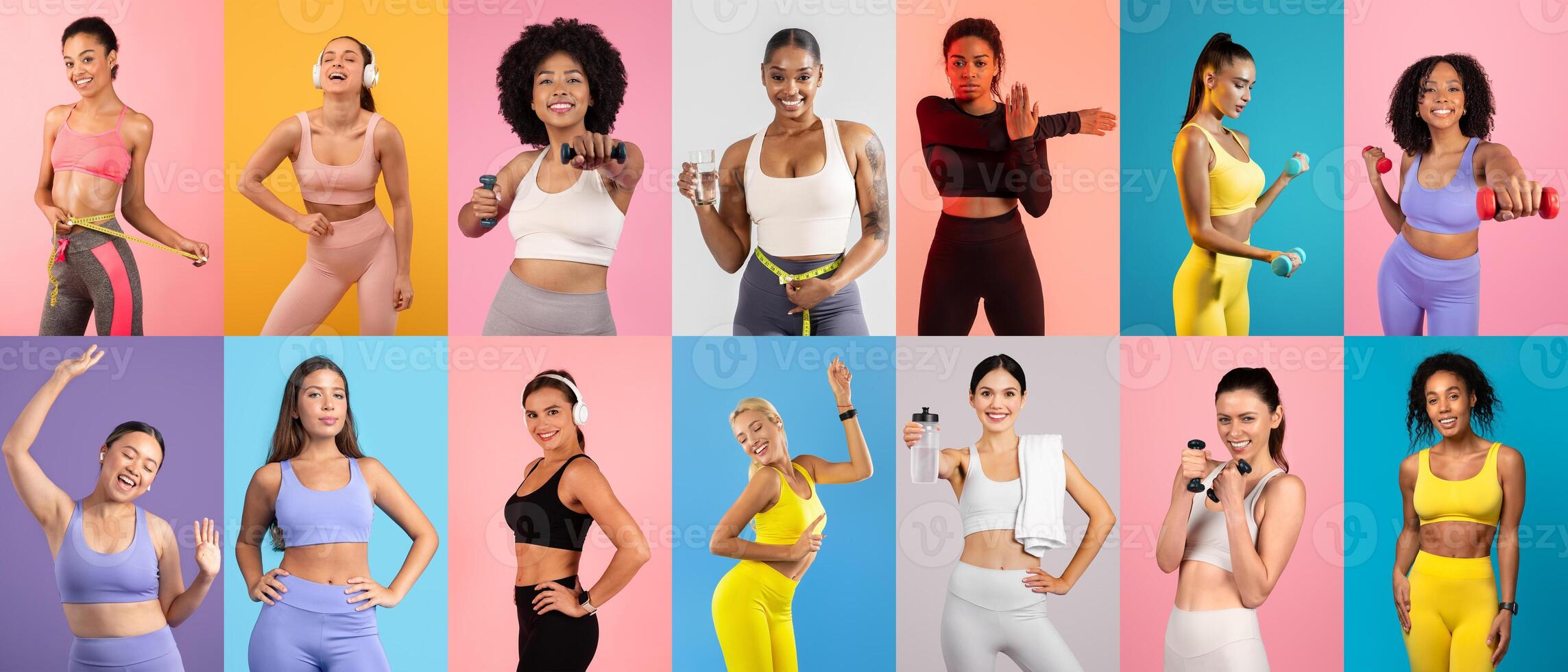 Groups of women demonstrate various workout poses in a colorful studio. They use weights and resistance bands, radiating energy and enthusiasm for fitness activities. photo