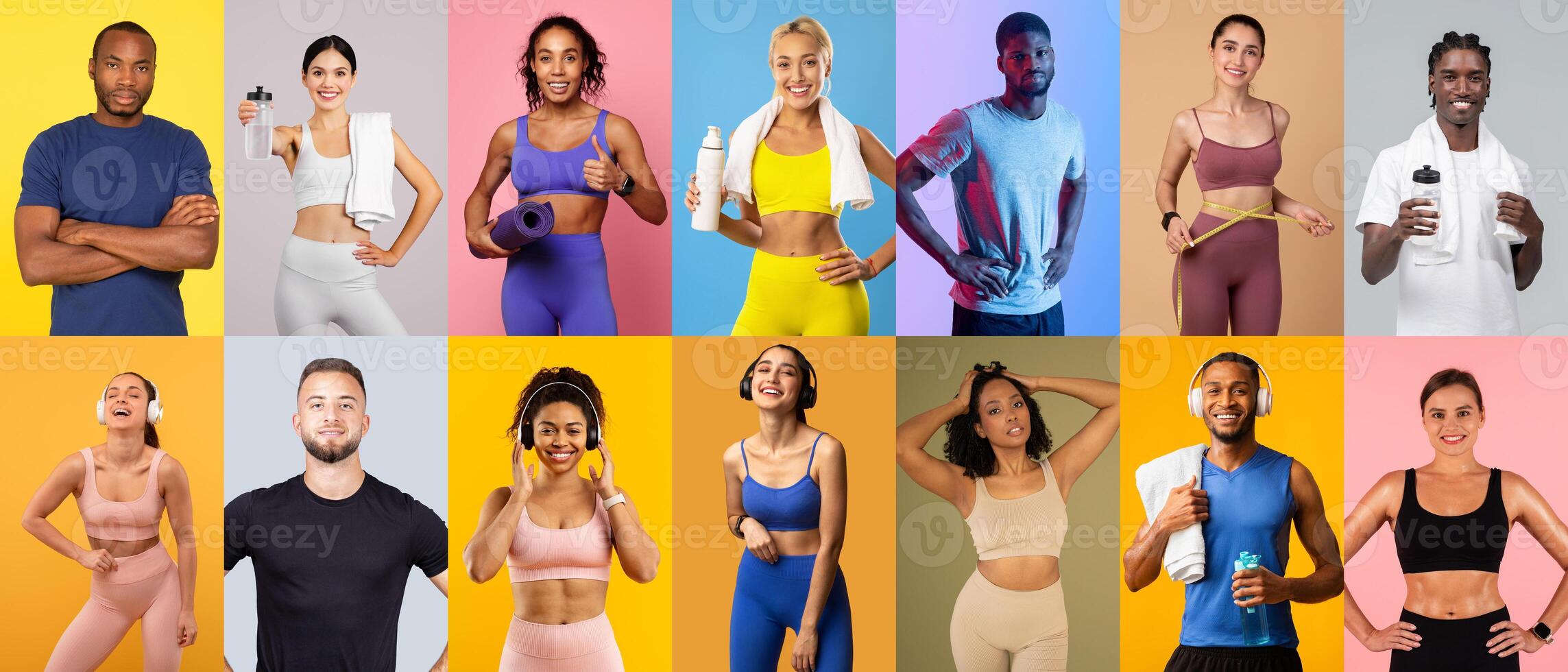 People of different backgrounds pose in colorful activewear while engaging in fitness activities. Each individual displays confidence and enthusiasm for healthy living and wellness. photo