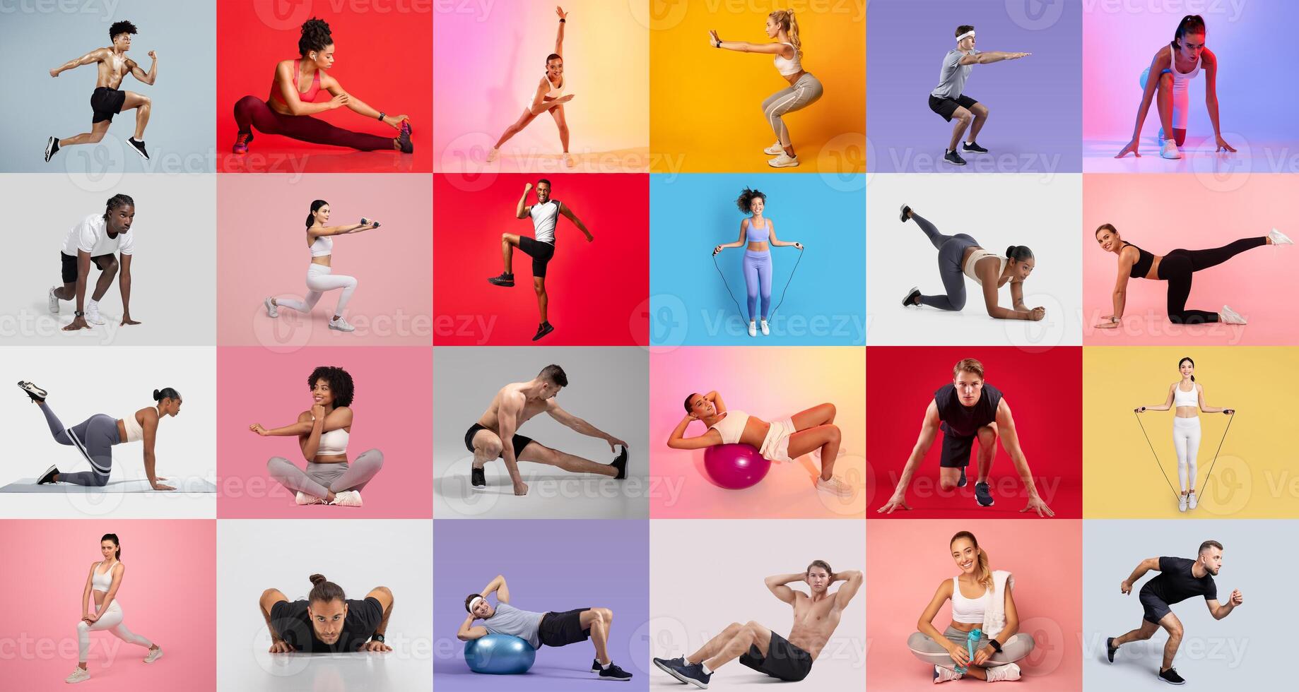 Men and women participate in a range of fitness exercises, showcasing strength and flexibility. The colorful background highlights their movements and effort in different workout styles. photo