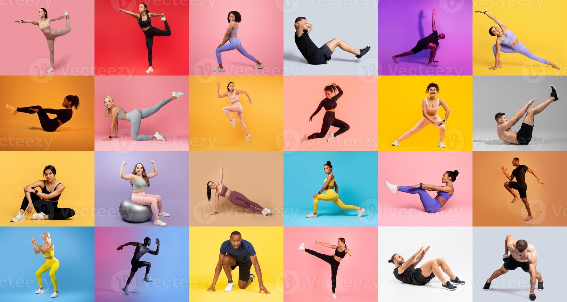 A vibrant collection of people performing various exercises against colorful backgrounds. Each person showcases different workout styles, highlighting athleticism and teamwork. photo