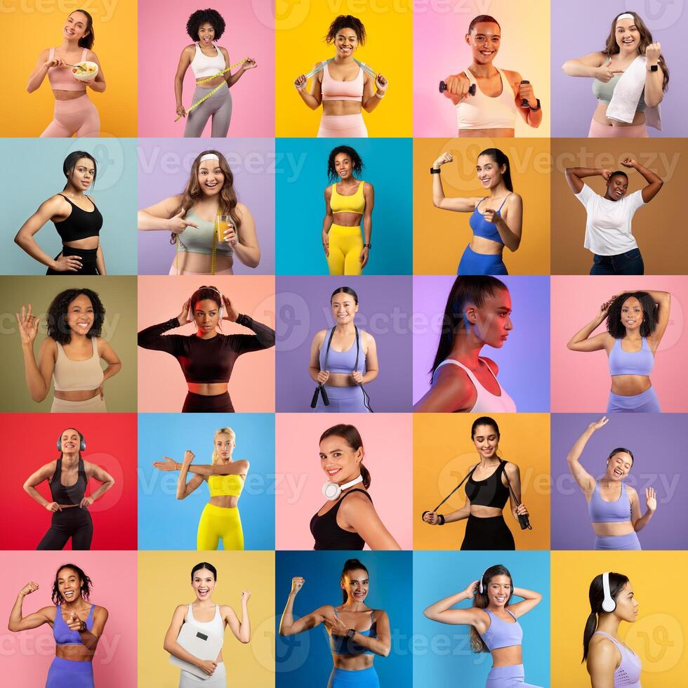 Various women demonstrate strength and fitness in vibrant workout outfits. They engage in exercises, showcasing enthusiasm and diverse styles in a bright, energetic setting. photo