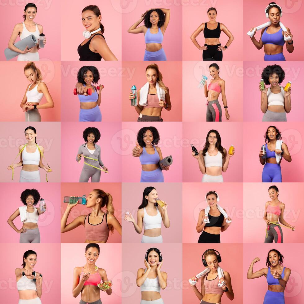 Women of various backgrounds demonstrate their commitment to fitness through poses with workout gear and accessories. photo