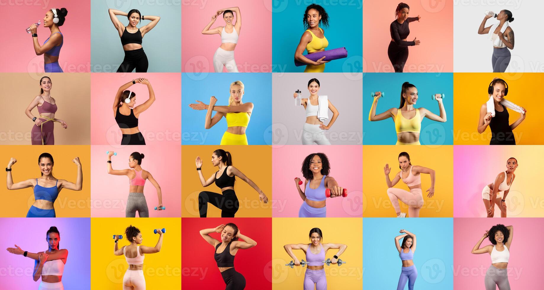 A vibrant collage displays women engaging in fitness activities, showcasing various poses with weights and exercise equipment. The background colors create an energetic atmosphere. photo