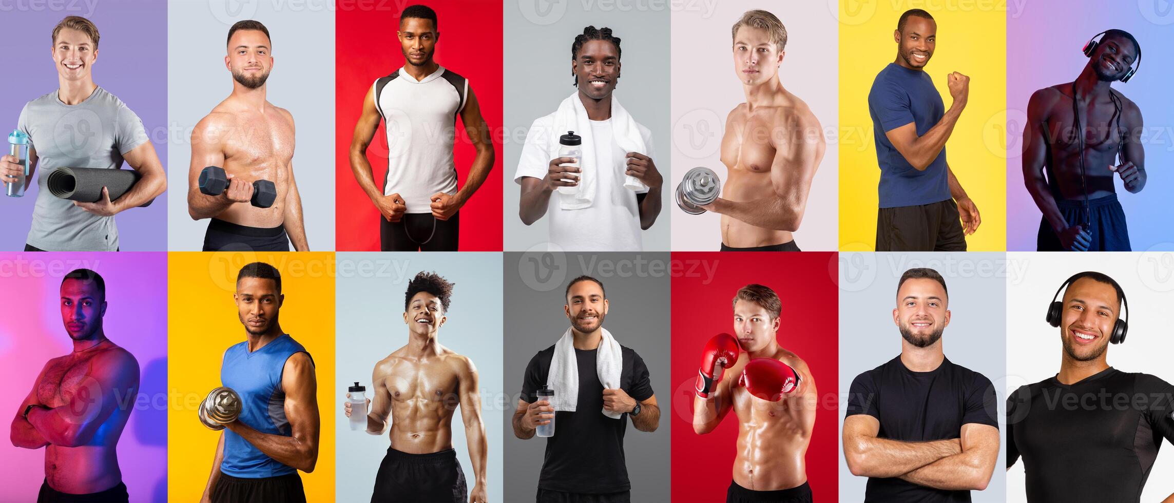 A variety of men of different backgrounds pose confidently, highlighting their fitness and strength. They engage in various activities, showcasing their dedication to health and wellness. photo