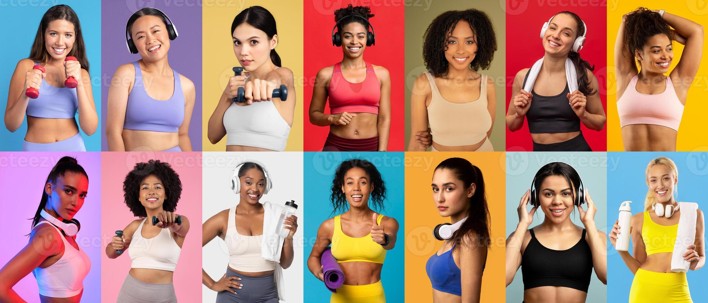 A diverse group of women displays their commitment to fitness through various activities. They wear activewear and demonstrate strength with weights, smiles, and confidence in a vibrant setting. photo