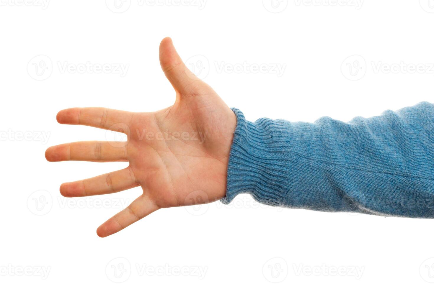 Concept of number five with hand on white background photo