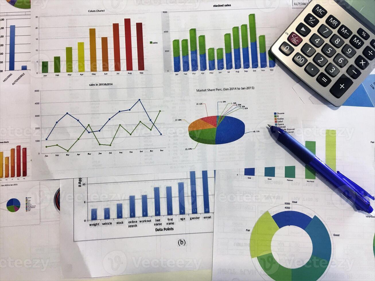 A calculator, pen and papers with graphs and charts photo