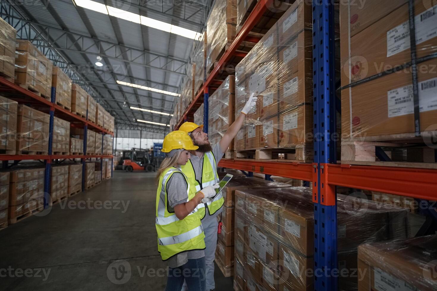 Two people in a warehouse looking at boxes photo