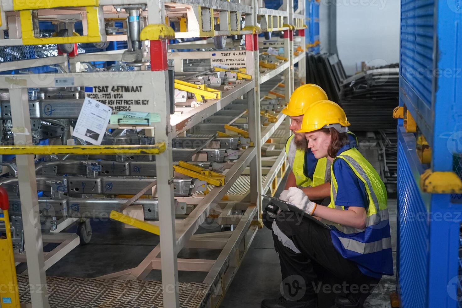 Two workers in a warehouse looking at something photo