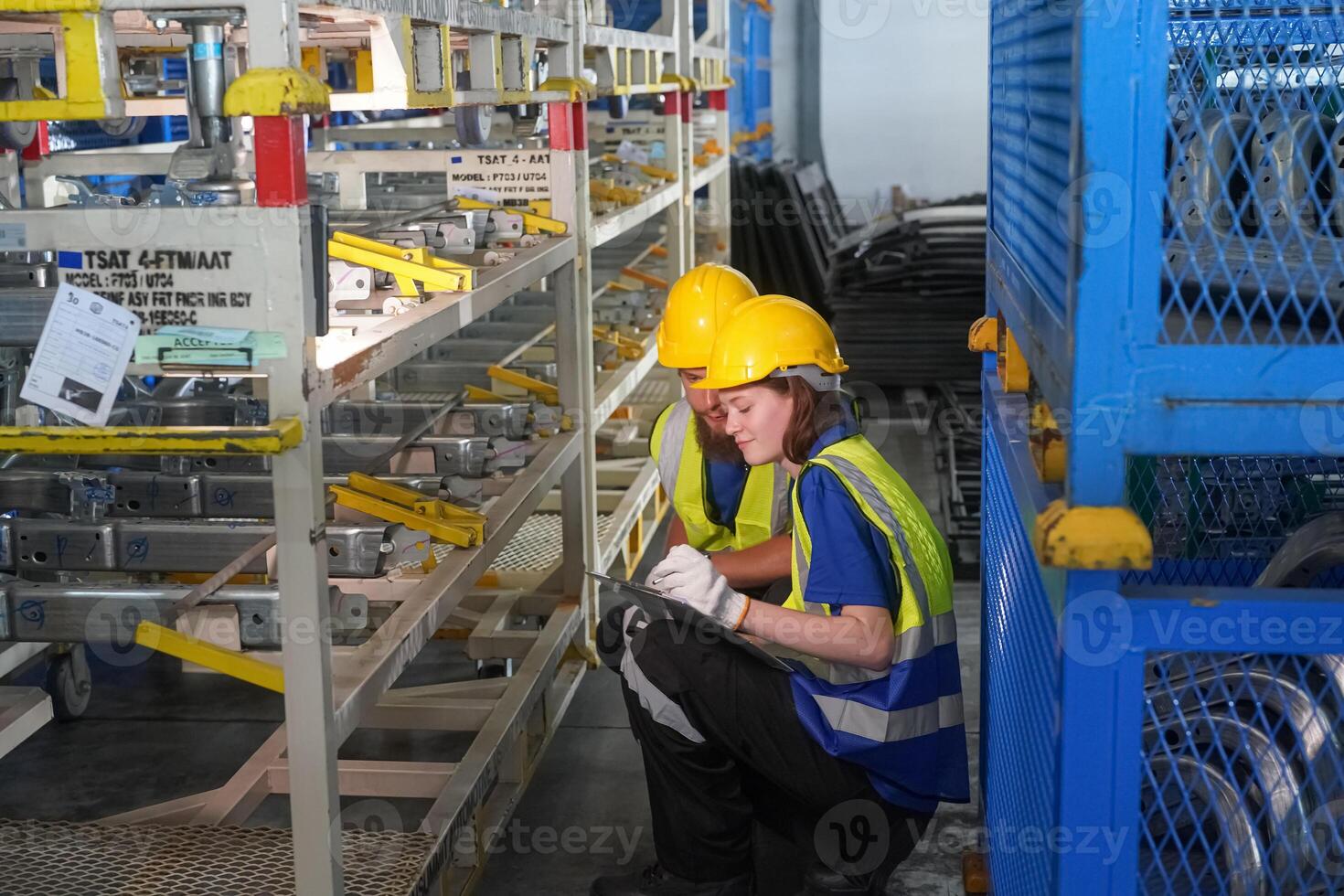 Two workers in a warehouse looking at something photo