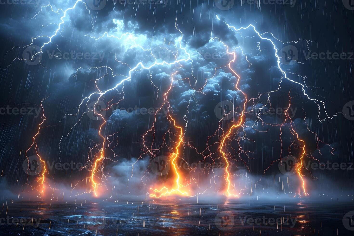 Electrifying Storm Over Ocean with Dramatic Lightning Strikes in Night Sky photo