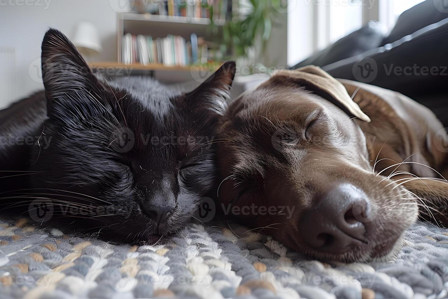 Peaceful Companions Cat and Dog Resting Together in Cozy Home Setting photo