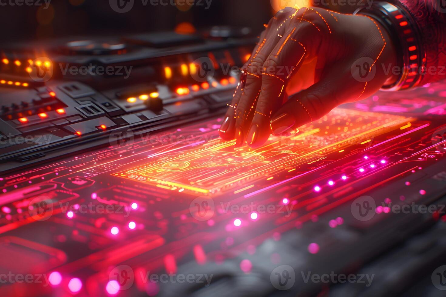 Futuristic Interface Interaction with Glowing Holographic Controls for Technology Design photo