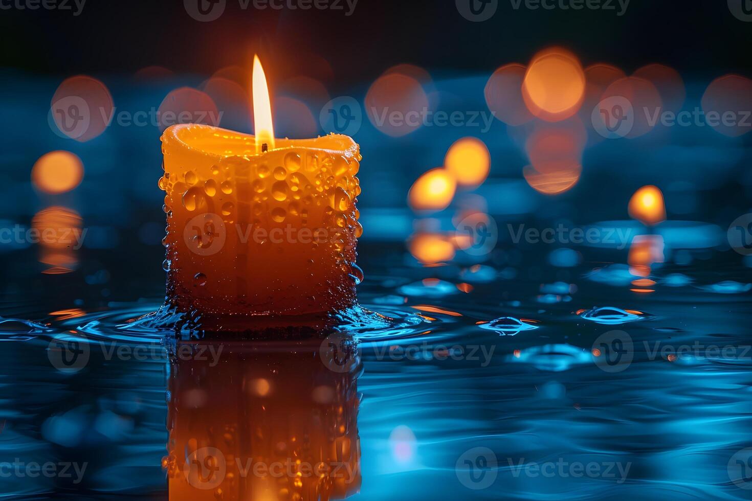 Warm Candlelight in Peaceful Water Reflection at Twilight for Tranquil Atmosphere Decor photo