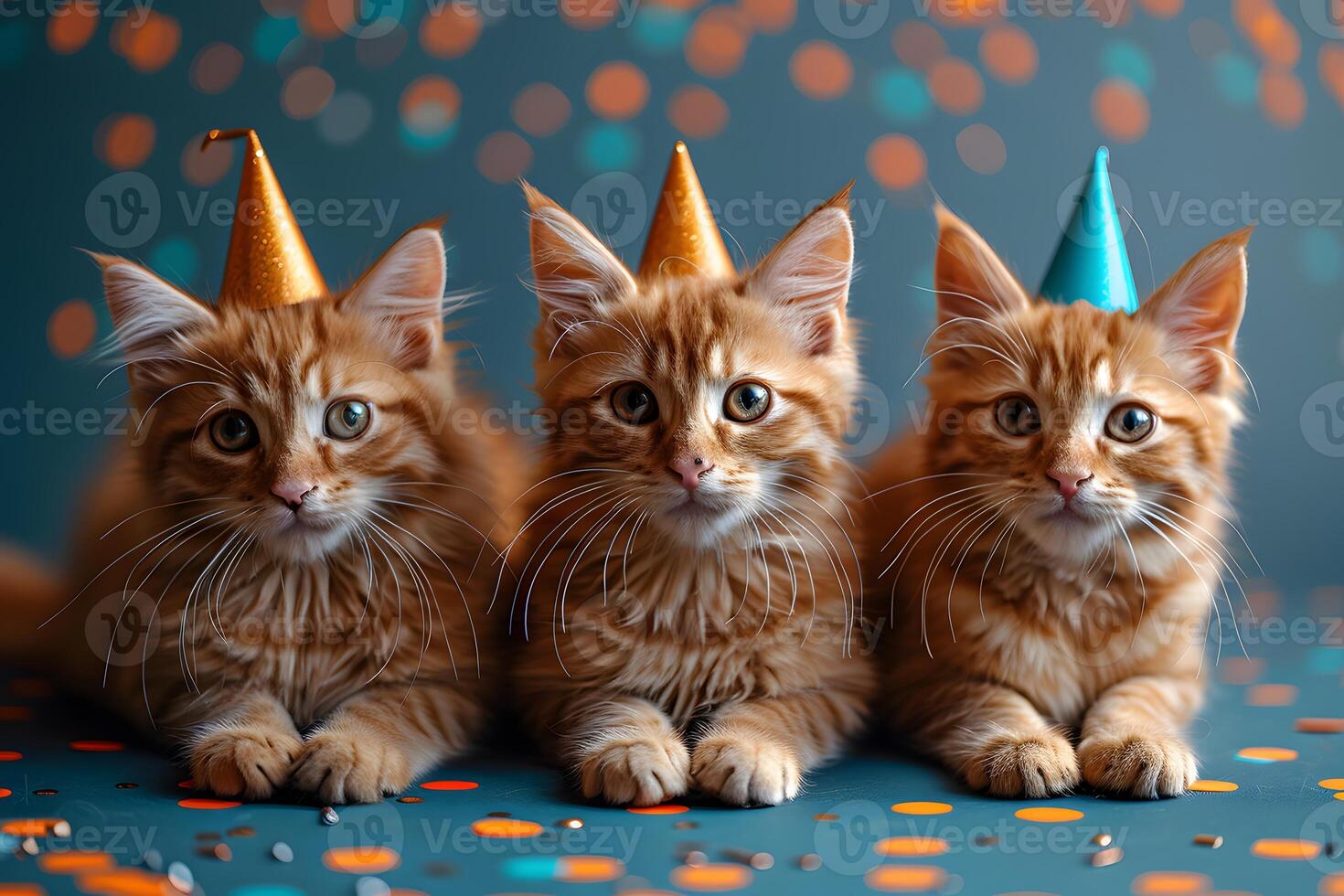 Adorable Ginger Kittens in Party Hats Amid Festive Confetti for Celebration Theme photo