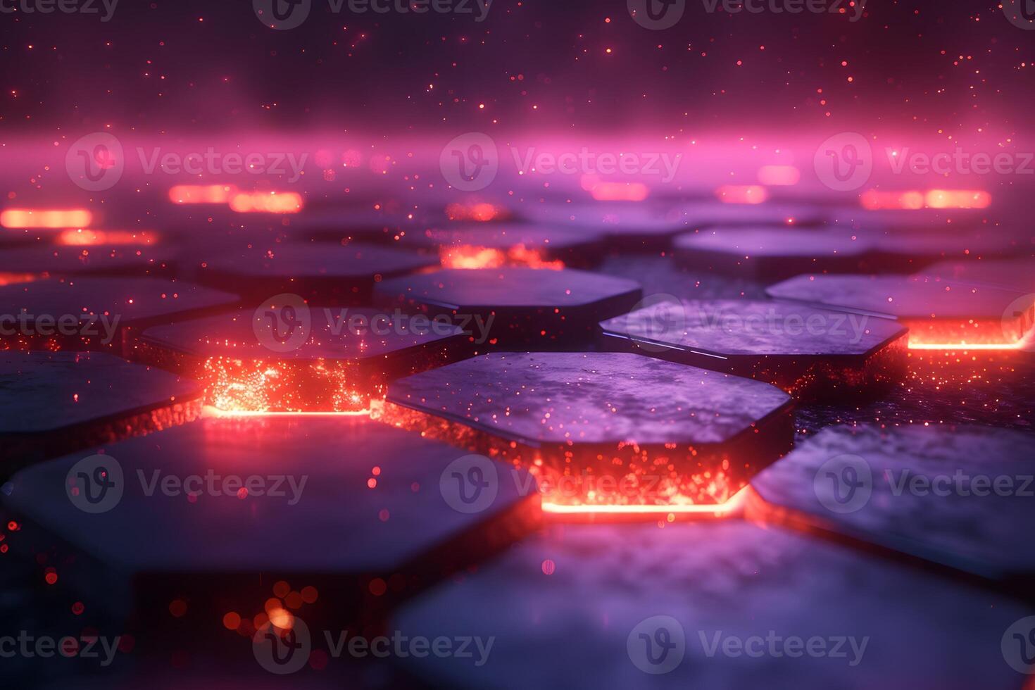 Futuristic Hexagonal Neon Surface with Glowing Particles and Foggy Atmosphere photo
