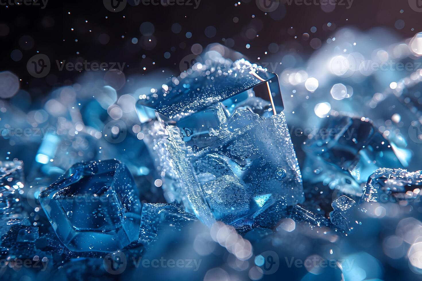 Close-Up of Glimmering Blue Ice Cubes Splashing in Water with Sparkling Droplets photo