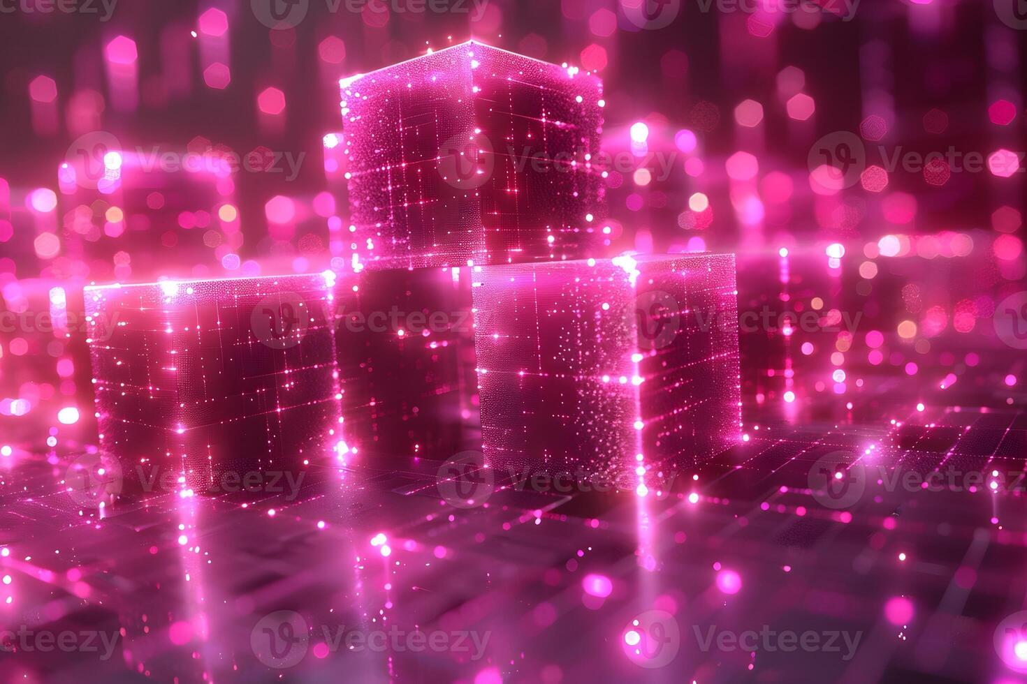 Glowing Pink Neon Cubes in Digital Matrix for Futuristic Design and Tech Aesthetics photo