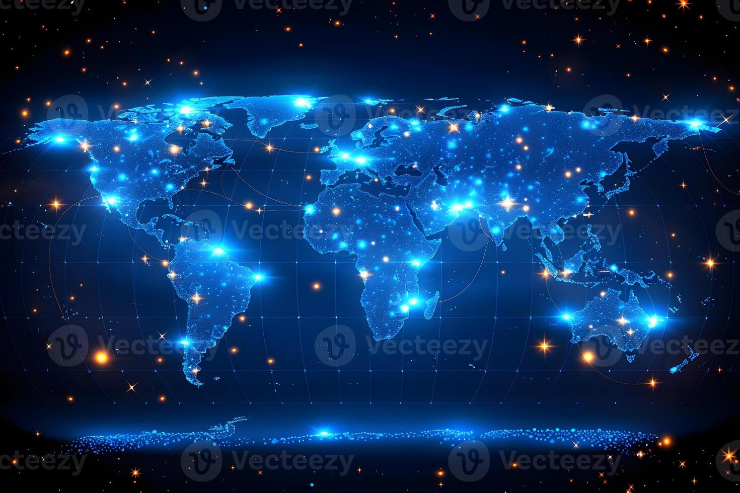Digital Global Network Visualization with Blue Light Connections and Stars photo