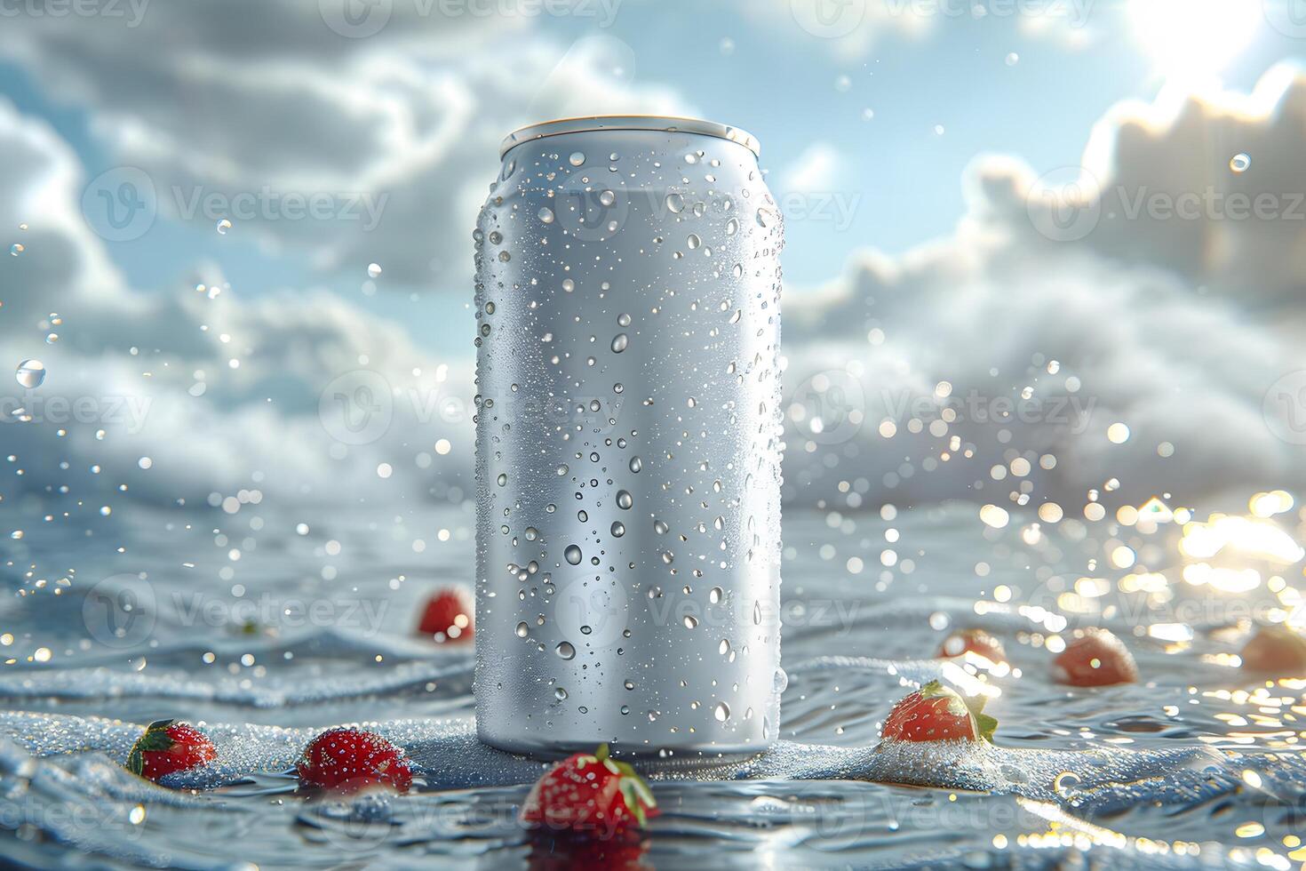 Refreshing Beverage Can with Dew Drops and Strawberries in Water Splash Scene photo