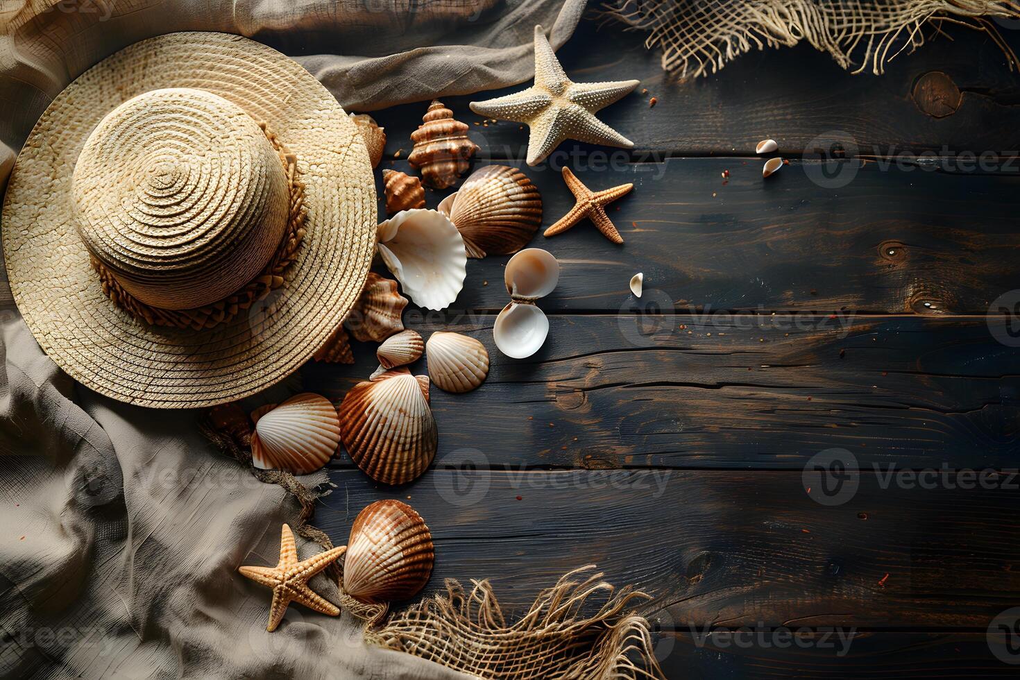 Beach Vibes Straw Hat and Seashells on Rustic Wooden Table for Summer Decor and Design photo
