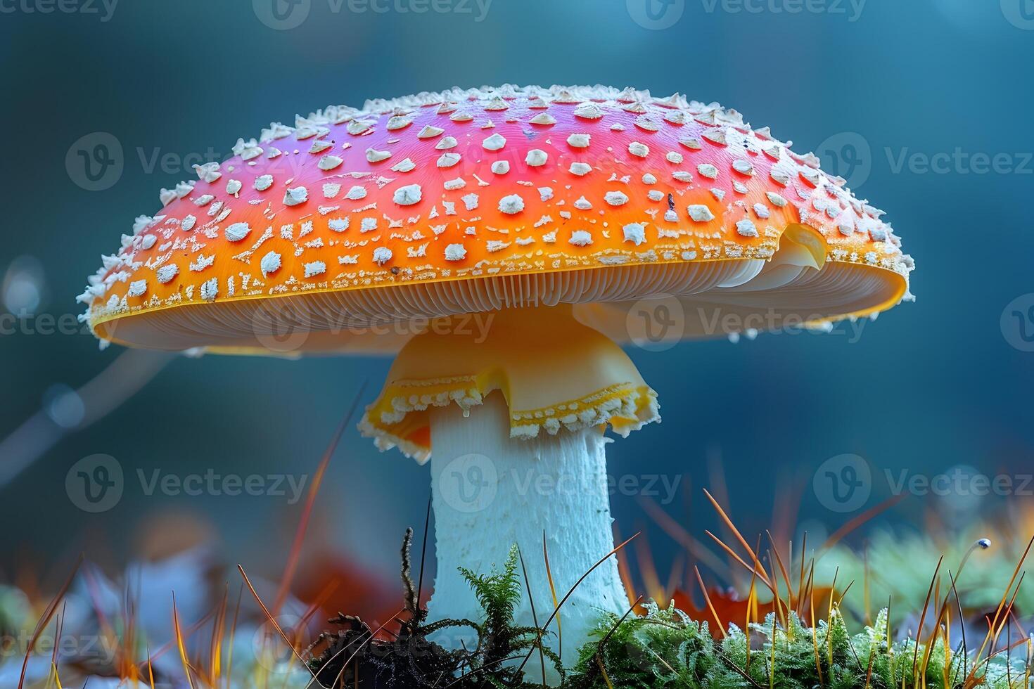 Vibrant Amanita Muscaria Mushroom in Dewy Forest Setting for Nature Prints and Posters photo