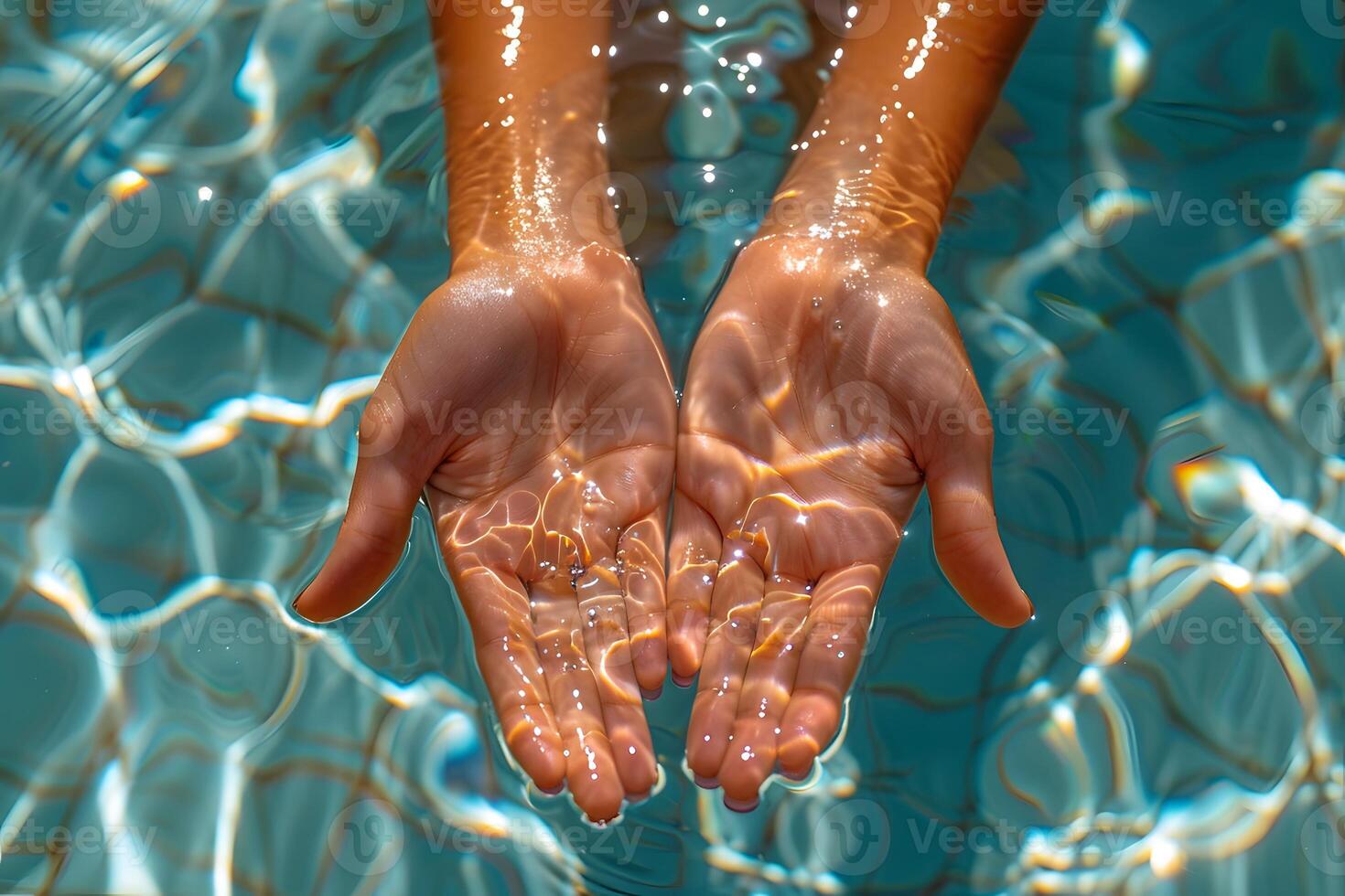 Serene Hand Gesture in Sunlit Pool Water for Relaxation and Tranquility Concepts photo