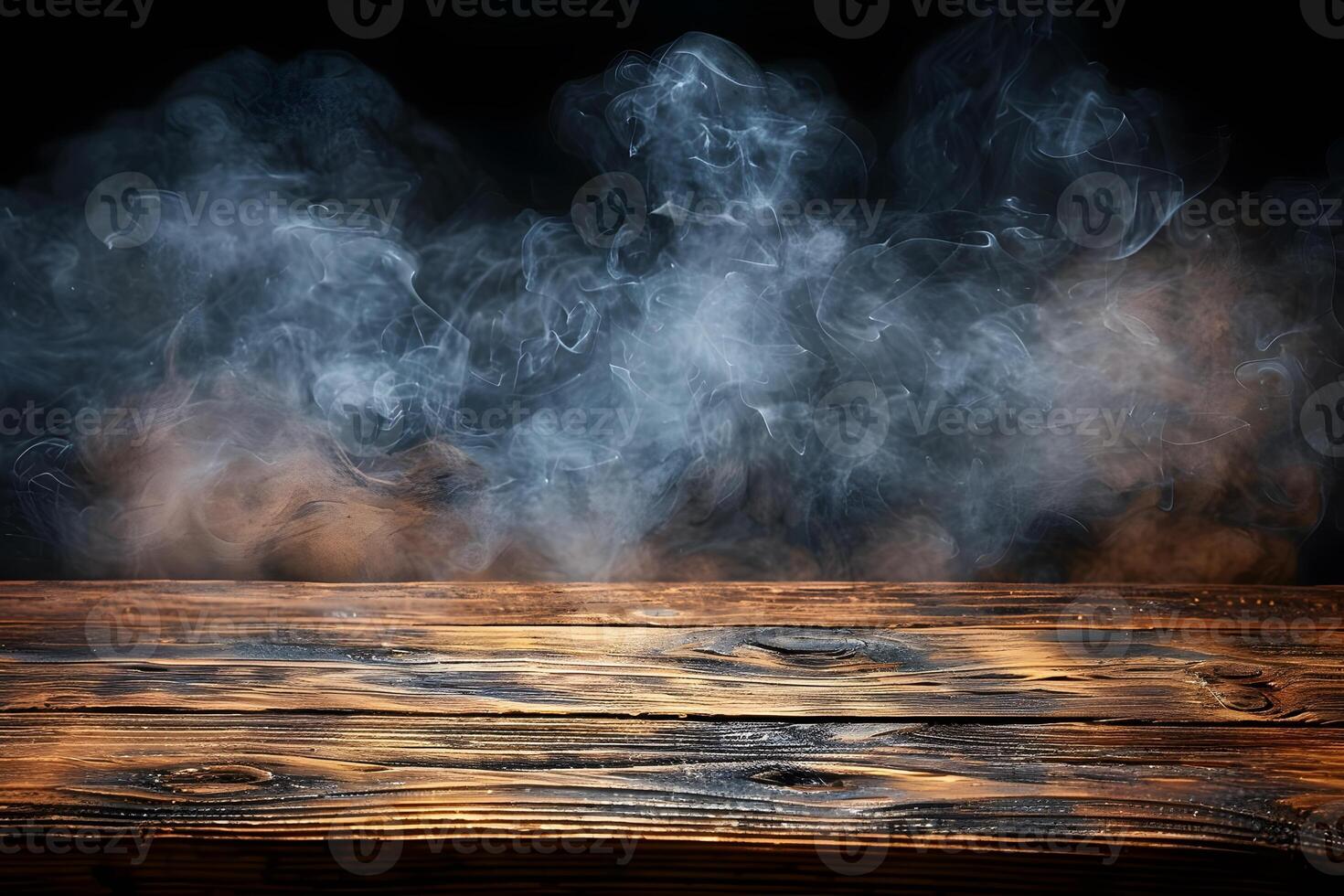Rustic Wooden Table with Smoke and Dark Background for Atmospheric Design photo