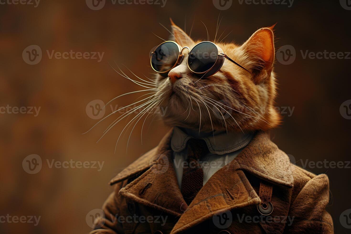 Stylish Ginger Cat in Sunglasses and Coat - Autumn Fashion Concept photo