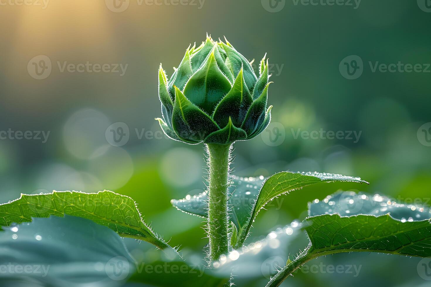 Green Flower Bud with Morning Dew in Soft Sunlight - Nature's Renewal Concept for Botanical Photography photo