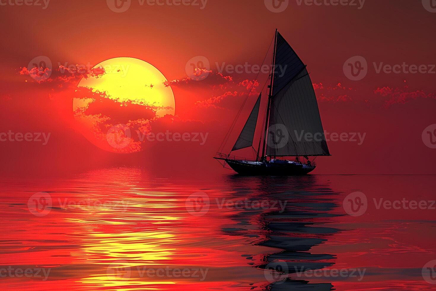 Serene Sunset Sail with Majestic Sailboat on Calm Red Waters for Inspirational Wall Art photo