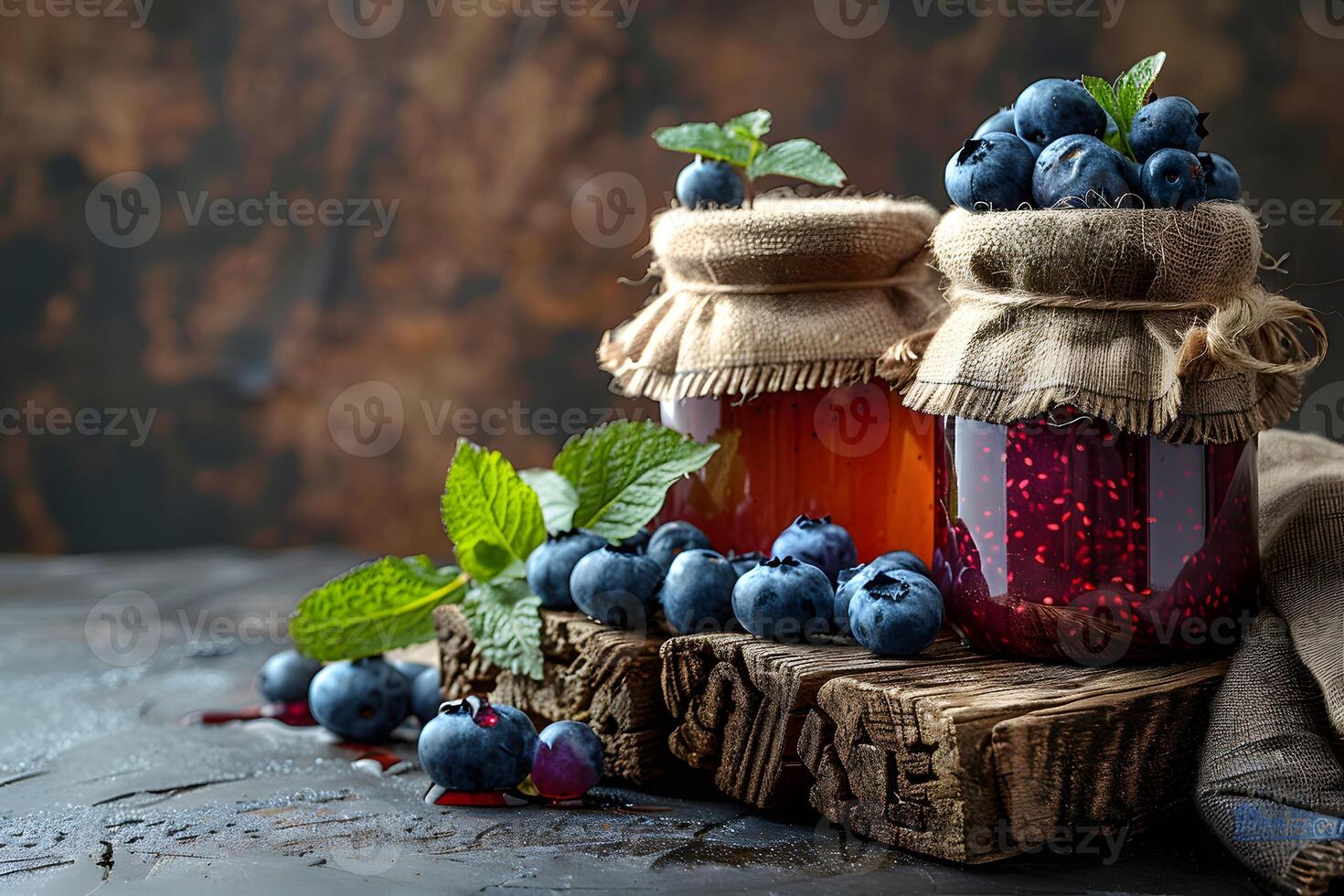 Rustic Blueberry and Raspberry Jam Jars with Fresh Berries on Wooden Surface for Organic Farm-to-Table Concept photo
