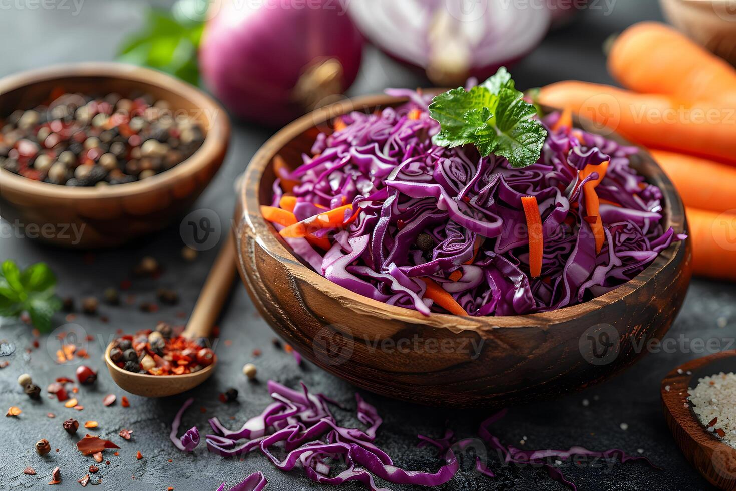 Vibrant Purple Cabbage Salad with Carrots and Fresh Herbs for Healthy Eating photo
