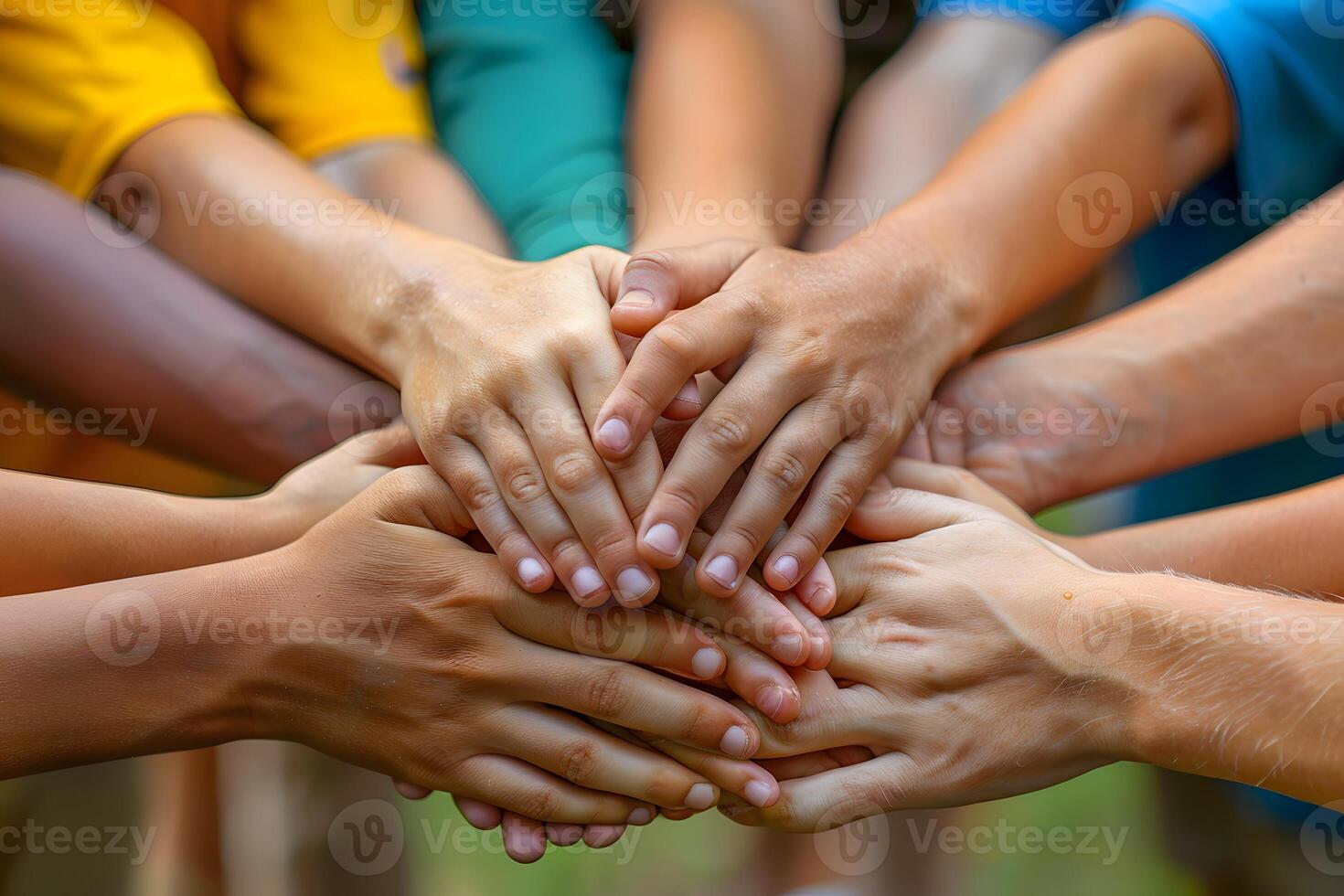 Unity and Teamwork Close-Up of Diverse Hands Stacked Together in Solidarity photo