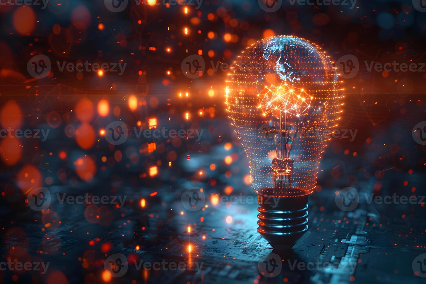 Futuristic Digital Innovation Concept with Illuminated Light Bulb and Network Connections photo