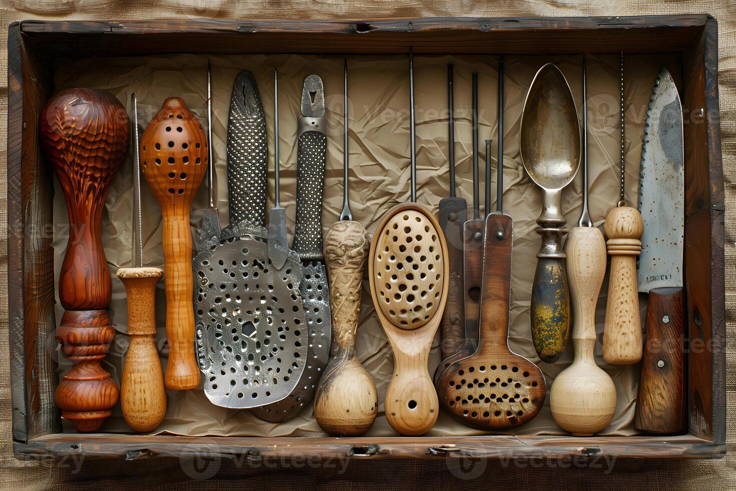 Rustic Collection of Vintage Kitchen Utensils and Graters in Wooden Drawer photo