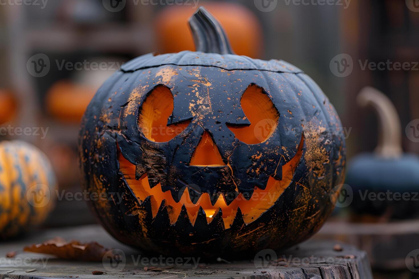 Spooky Halloween Jack-o'-Lantern with Weathered Black Finish for Festive Decor photo