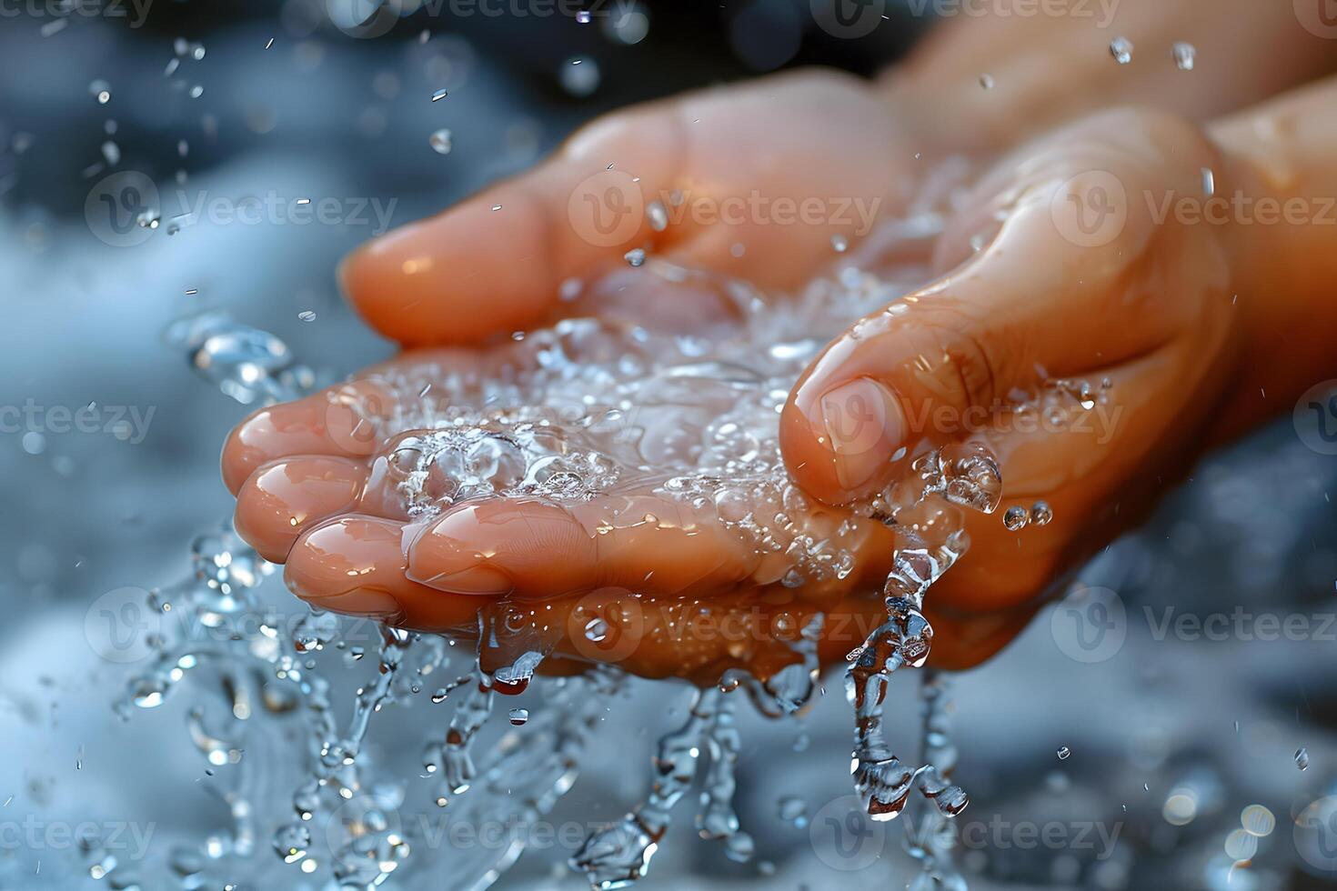 Cupped Hands Holding Flowing Water - Refreshing Concept for Wellness and Sustainability Design photo