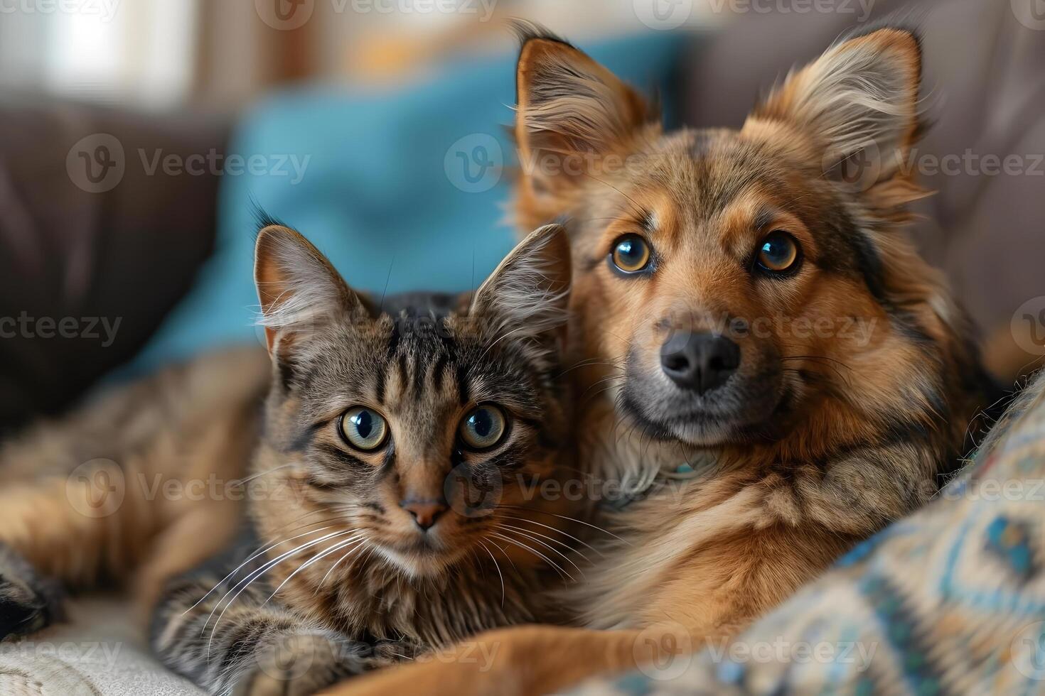 Cozy Companions Cat and Dog Relaxing Together in a Home Setting photo