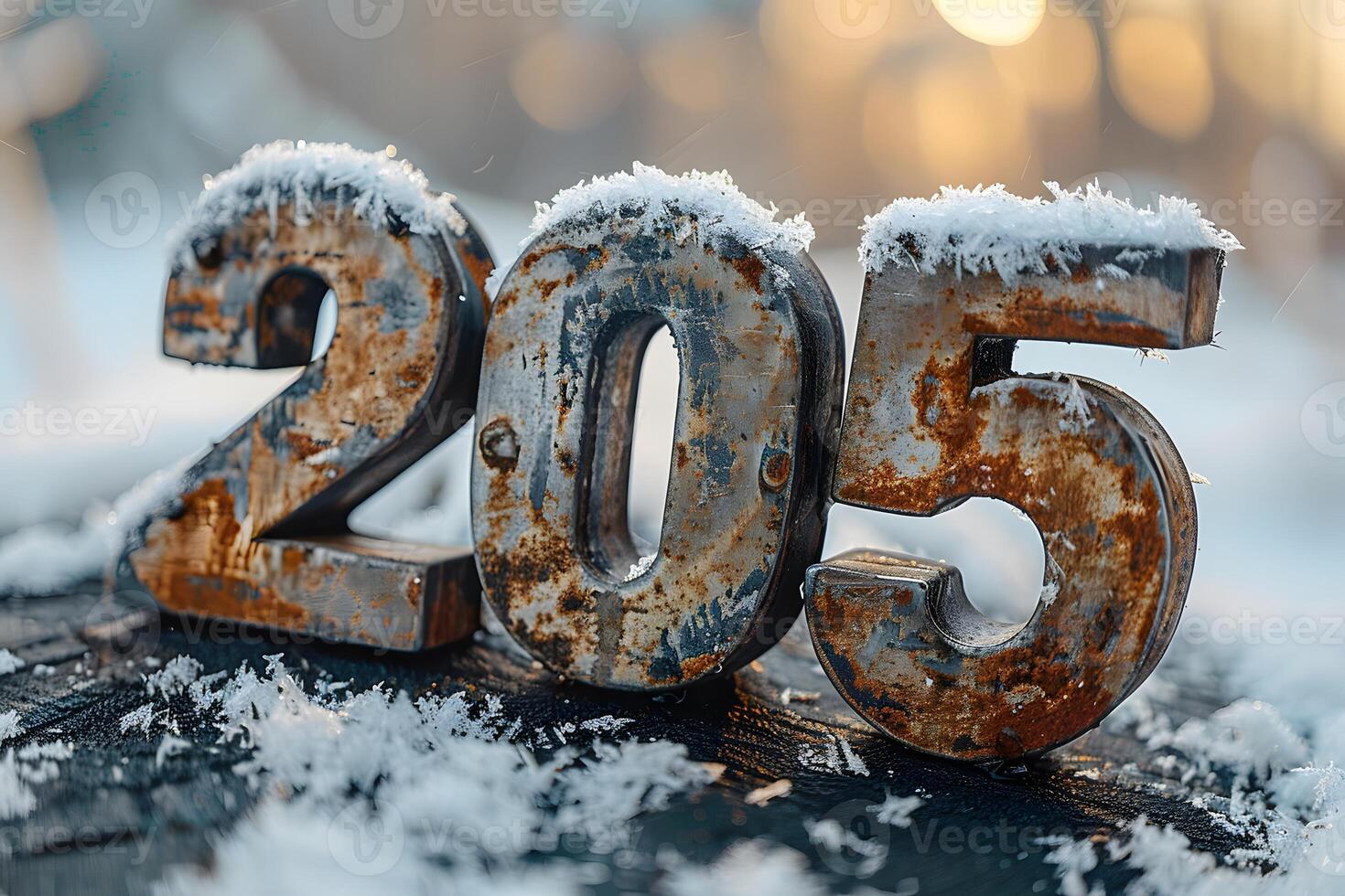 Rustic Snow-Covered Metallic Numbers 205 in a Winter Wonderland Setting photo