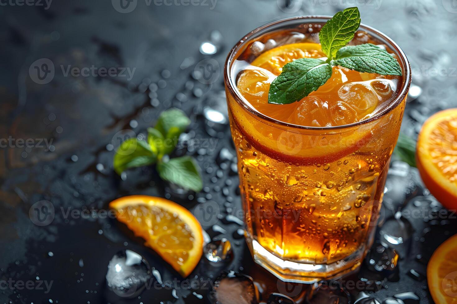 Refreshing Citrus Iced Tea with Mint Leaves on Dark Surface for Summer Enjoyment photo