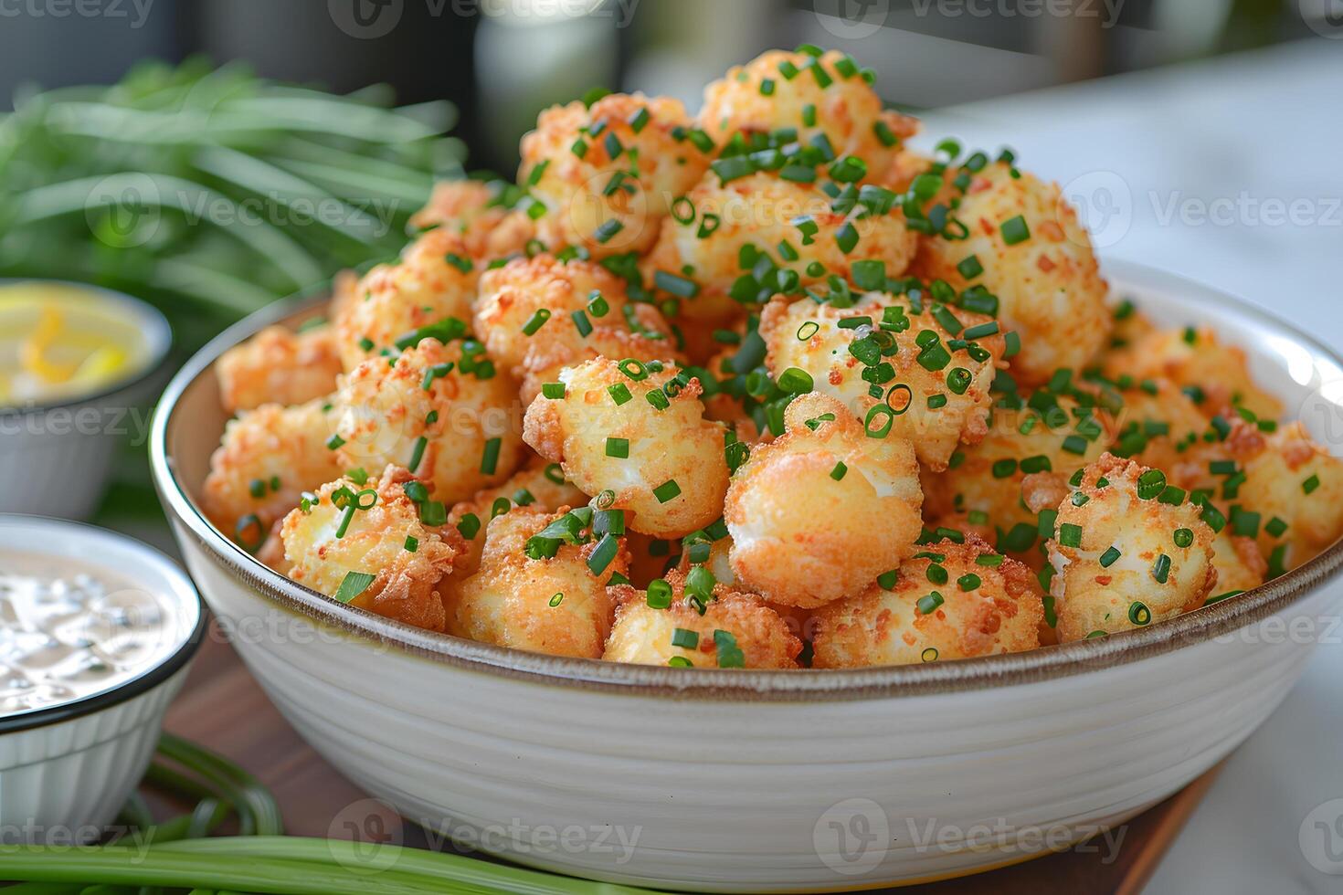 Crispy Tater Tots with Chives in Ceramic Bowl for Comfort Food Inspiration photo