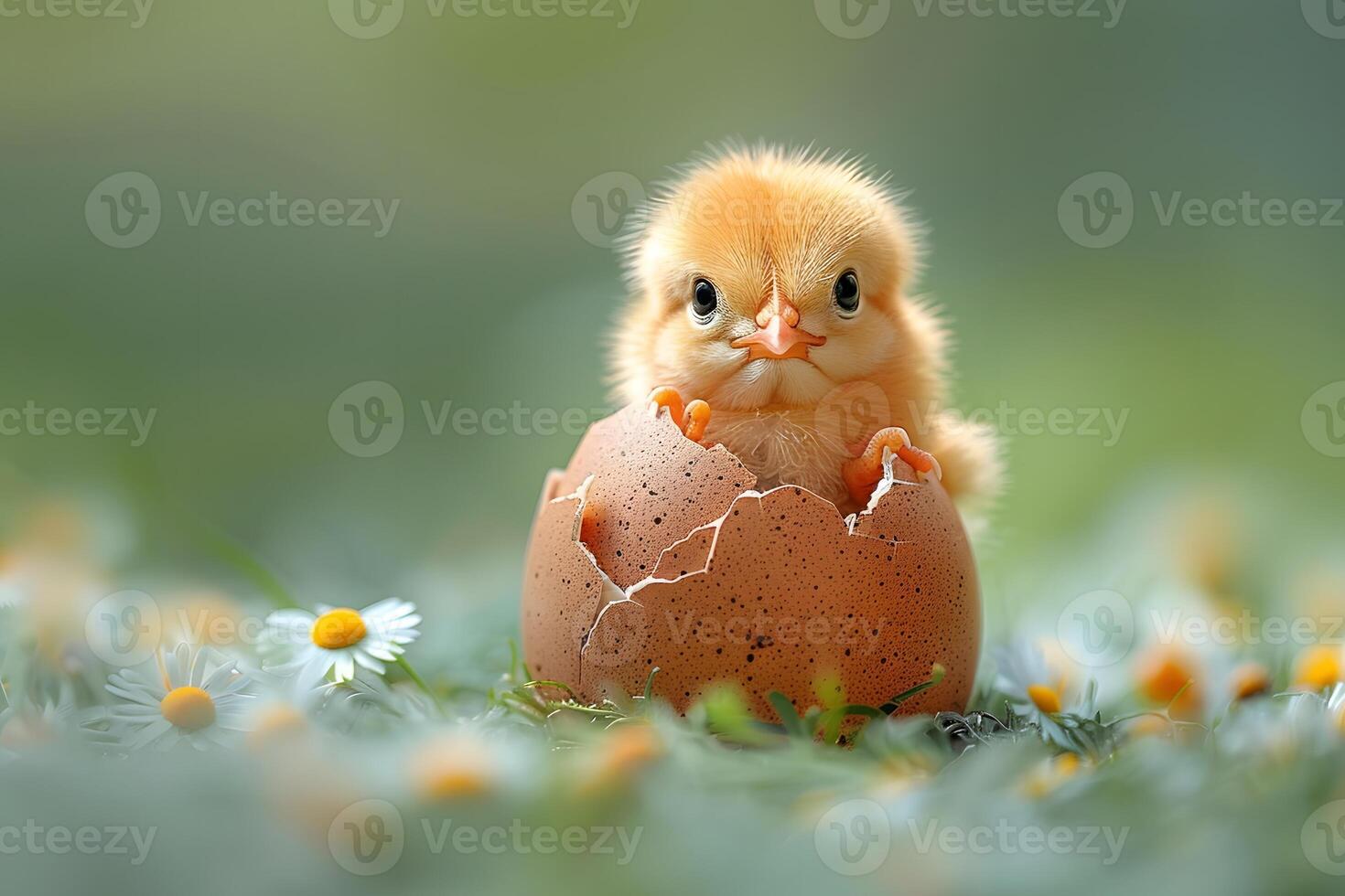 Adorable Chick Emerging from Eggshell Among Daisies in Springtime Setting photo