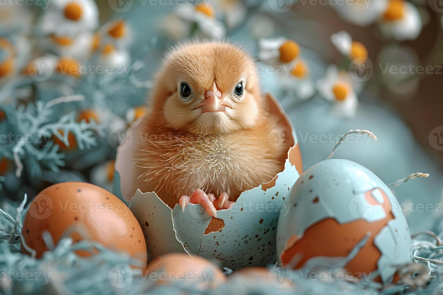 Adorable Chick in Eggshell with Spring Flowers - Easter Symbolism for Seasonal Designs photo