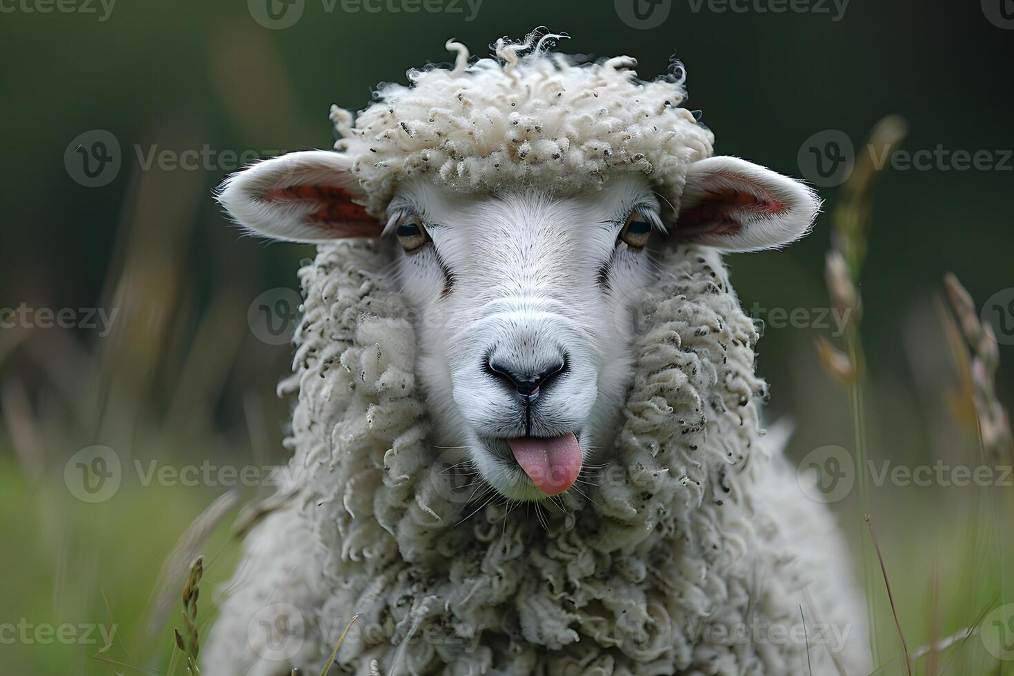 Playful Sheep with Tongue Out in Lush Green Meadow for Farm-Themed Decor photo