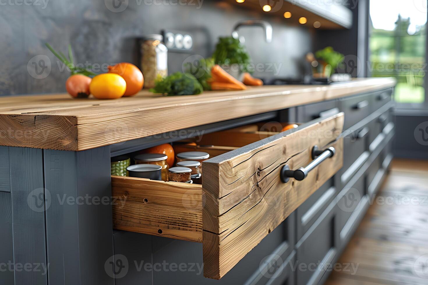 Modern Kitchen with Wooden Countertop and Open Spice Drawer for Culinary Inspiration photo