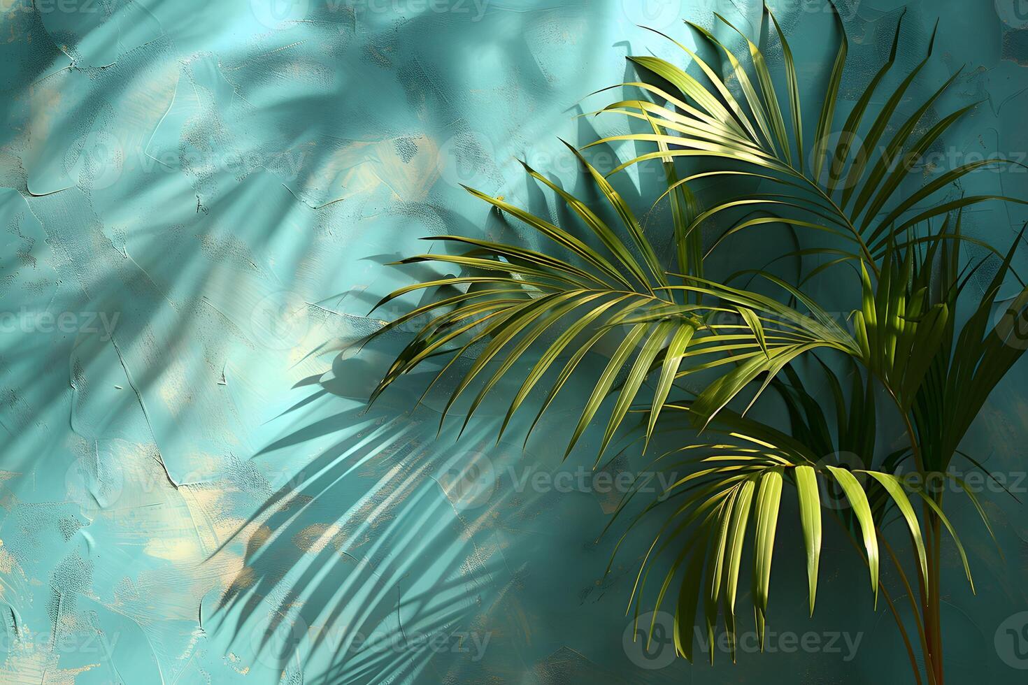 Sunlit Tropical Palm Leaves Against Textured Teal Wall - Nature, Decor, Tranquility photo