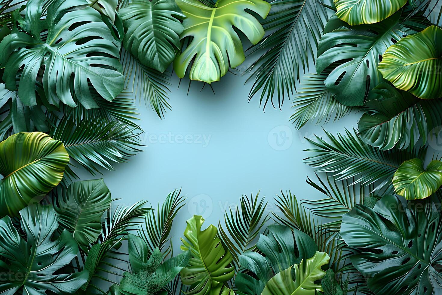 Tropical Leaf Frame with Lush Green Foliage on Light Blue Background for Design Projects photo