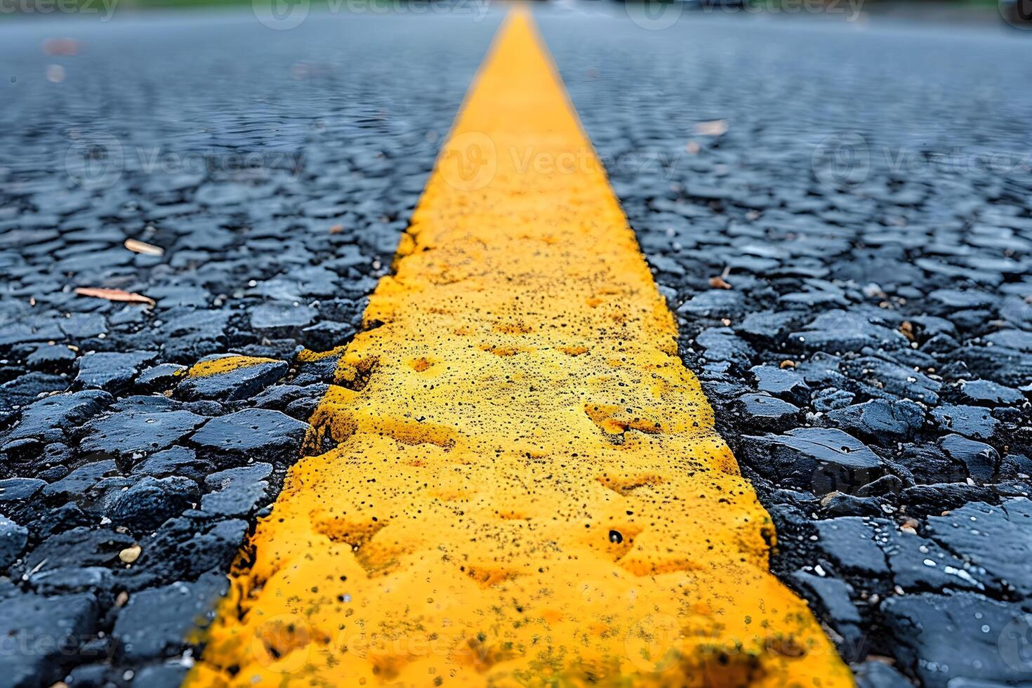 Close-Up of Vibrant Yellow Road Line on Freshly Paved Asphalt Surface for Transportation Design photo