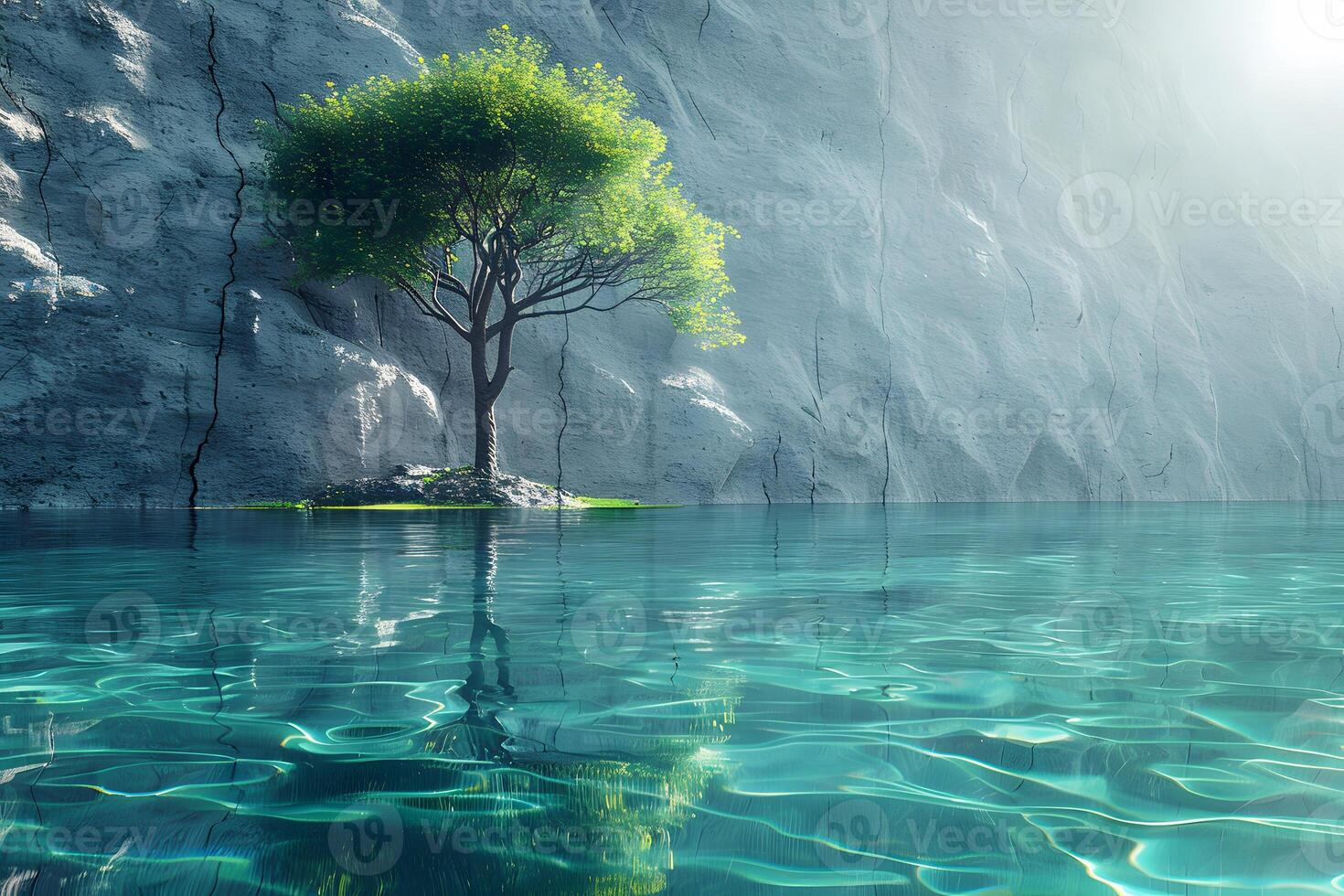 Solitary Tree by Crystal Clear Mountain Lake Under Sunlight photo